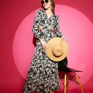 Women's Floral V-Neck Multicolor Dress | Crepe Printed Dress with Long Sleeves