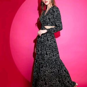 Women's Floral V-Neck Black Dress | Crepe Printed Dress with Long Sleeves | Made in India